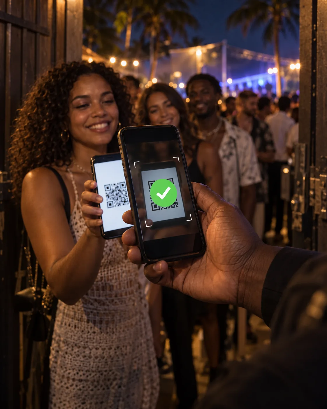 Un organisateur scanne le billet QR code d'une participante à l'entrée d'un concert